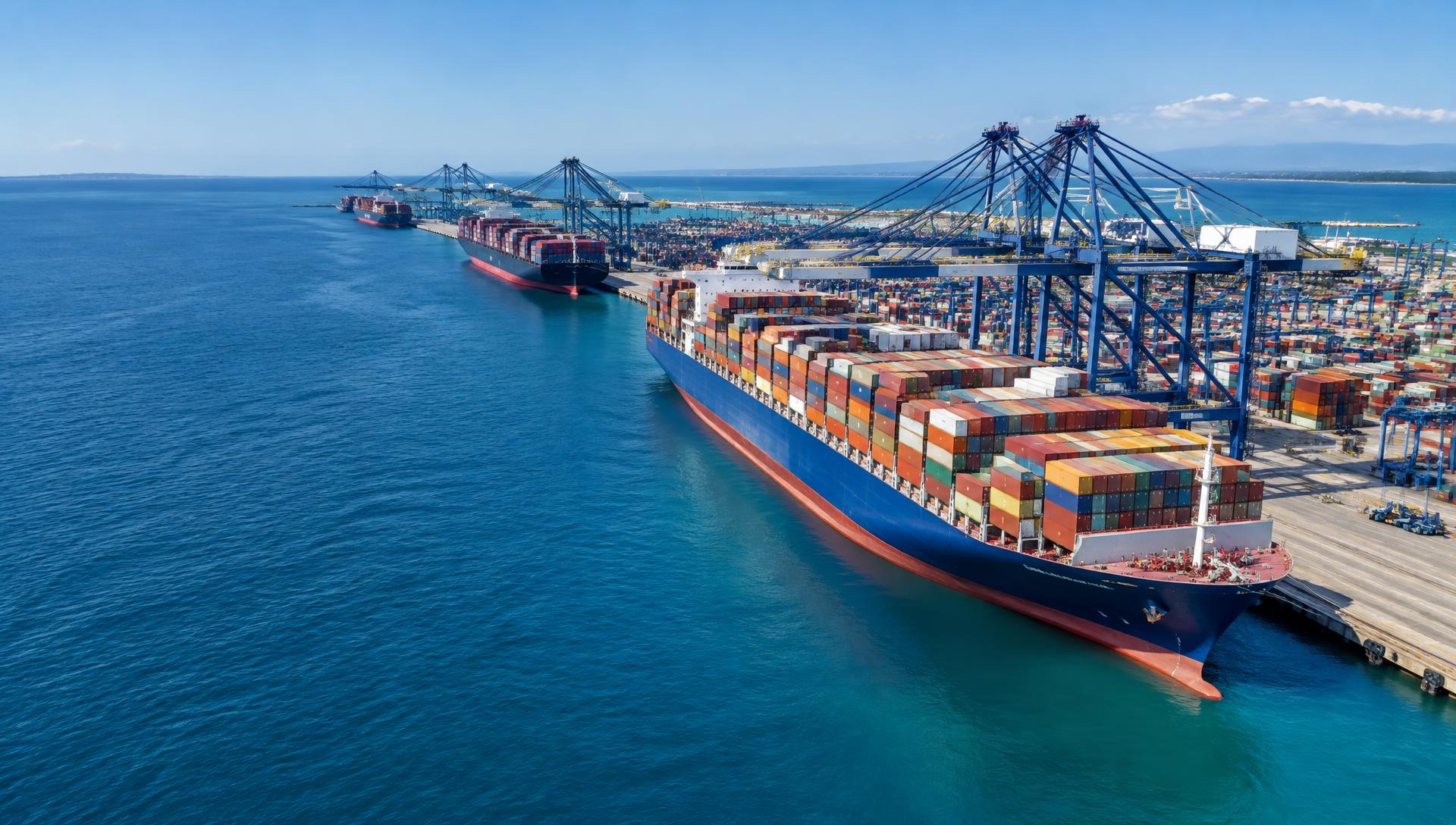 Sea port with cargo ships loaded with colorful shipping containers beside gantry cranes